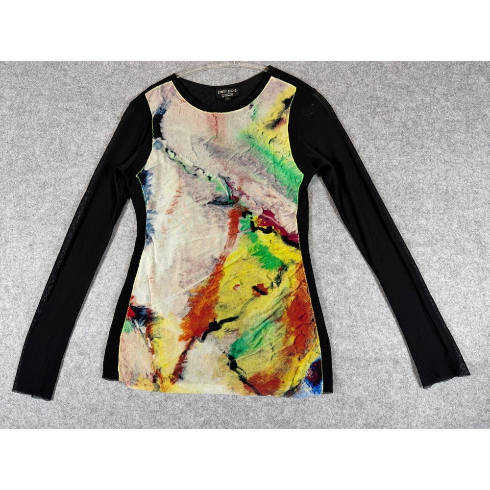 Petit Pois Viviana G Mesh Top Womens L Black Abstract Art Sheer Excellent USA